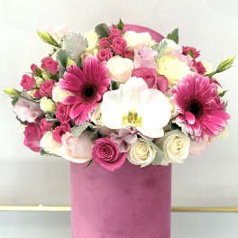 Pink and white bouquet with roses, gerbera daisies, and an orchid in a pink box