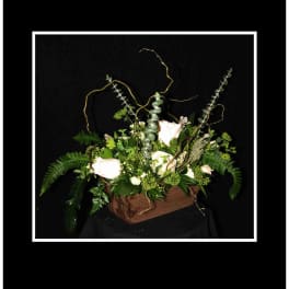 White roses in a rustic wooden box with greenery and curly branches