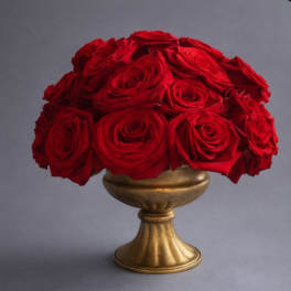 Red roses arranged in a gold pedestal vase