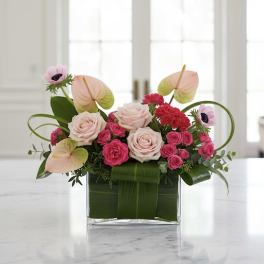 Pink roses and anthuriums in a square glass vase