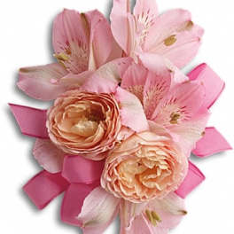 Pink and peach bouquet with ribbon accents