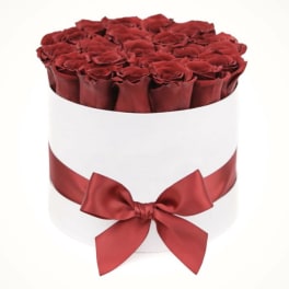 Round box of red roses with a red satin ribbon
