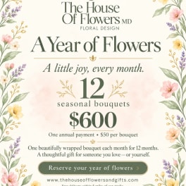 Promotional poster for a year of flowers subscription with floral border