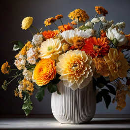 Bouquet of orange, yellow, and white flowers in a ribbed vase