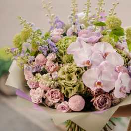 Bouquet of pale pink orchids, roses, and green hydrangeas