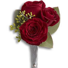 Three red rose boutonniere with silver ribbon wrap