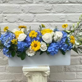 Blue and white floral arrangement in a rectangular white container