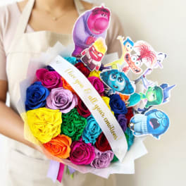 Colorful bouquet of roses with cartoon character toppers and a ribbon