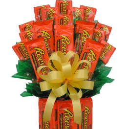 Bouquet of Reese's candy bars with a yellow ribbon