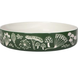 Green ceramic bowl with white mushroom illustrations