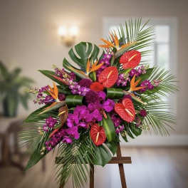Tropical floral arrangement with orchids, anthuriums, and bird of paradise