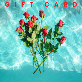 Red roses on a blue water background with gift card text