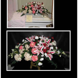 Large casket spray with pink lilies, carnations, and white flowers