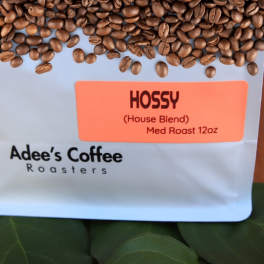 Bag of coffee beans with a label reading Hossy House Blend