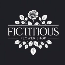 White floral shop logo with a rose and leaves on a dark background
