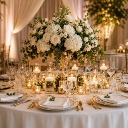 White floral centerpiece in a gold vase on a candlelit table