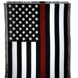 Black-and-white American flag blanket with a red stripe and fringe
