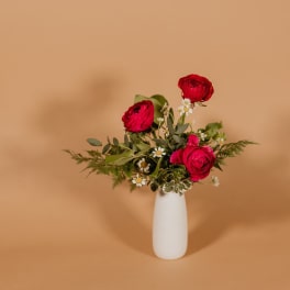 Red ranunculus and small white daisies in a white vase