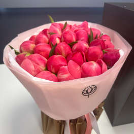 Bouquet of bright pink tulips wrapped in pale pink paper