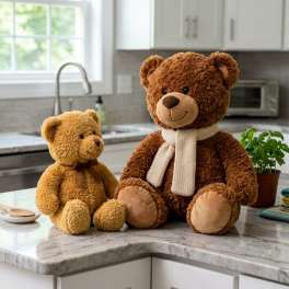 Two teddy bears on a kitchen island with a small potted plant and folded towels