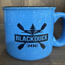 Blue speckled mug with a Blackduck MN logo