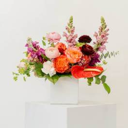 Colorful mixed bouquet in a white square vase