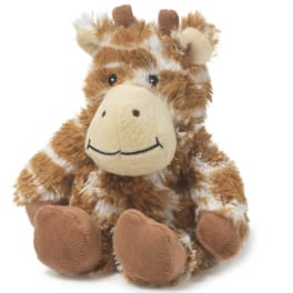Plush giraffe toy with brown and white fur and a smiling face