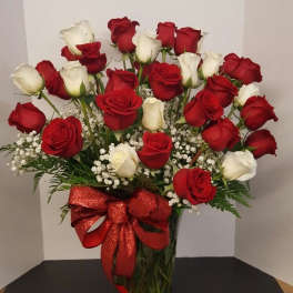 Red and white roses arranged in a glass vase with a red ribbon