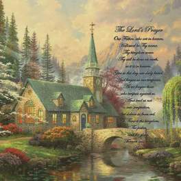 Painting of a church by a river with the Lord's Prayer text