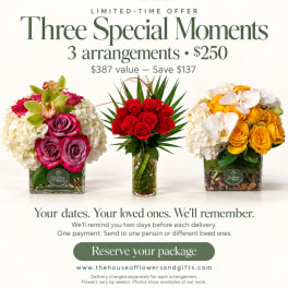 Three floral arrangements in glass containers with roses, orchids, and hydrangeas