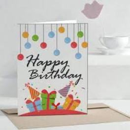 Birthday greeting card with colorful hanging ornaments and gift boxes