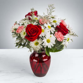 Red roses, white daisies, and pink carnations in a red glass vase