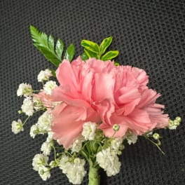 Pink carnation boutonniere with white baby's breath and green leaves