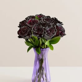 Dark roses arranged in a purple glass vase