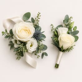 White rose bouquet and matching boutonniere with eucalyptus and ribbon