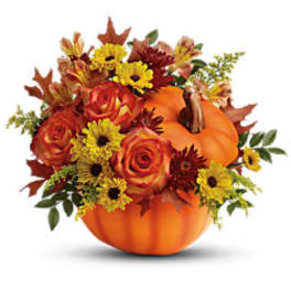 Pumpkin-shaped floral arrangement with roses and daisies