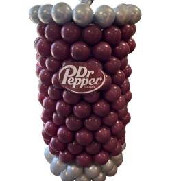 Tall balloon column in burgundy and silver with a Dr Pepper logo