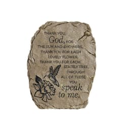 Decorative stone plaque with a floral and hummingbird design and a thank-you verse