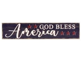 Long rustic wooden sign reading God Bless America with red stars on a dark background