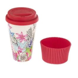 Floral-patterned travel cup with a red lid and matching red silicone sleeve