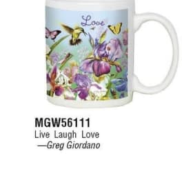 White mug with colorful irises, butterflies, and a hummingbird around the word Love.