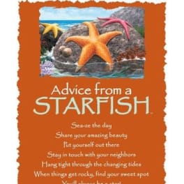 Orange plaque with starfish and ocean scene and inspirational advice text