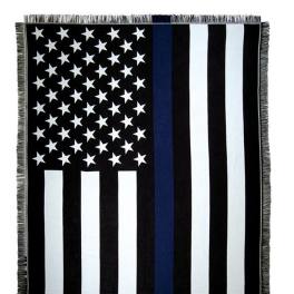 Black-and-white American flag blanket with a blue stripe