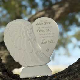 White angel wing heart memorial ornament with a sympathy quote