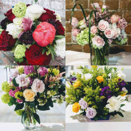 Collage of four mixed floral arrangements in vases and a basket