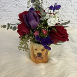 Mixed bouquet of red and purple flowers in a dog-print container