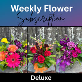Weekly flower subscription ad with three colorful mixed bouquets