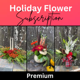 Holiday flower subscription graphic with three autumn floral arrangements
