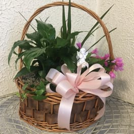 Potted plant basket with pink flowers, a ribbon, and a small angel figurine