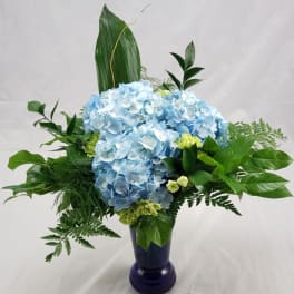 Blue hydrangea arrangement in a dark blue vase with green foliage